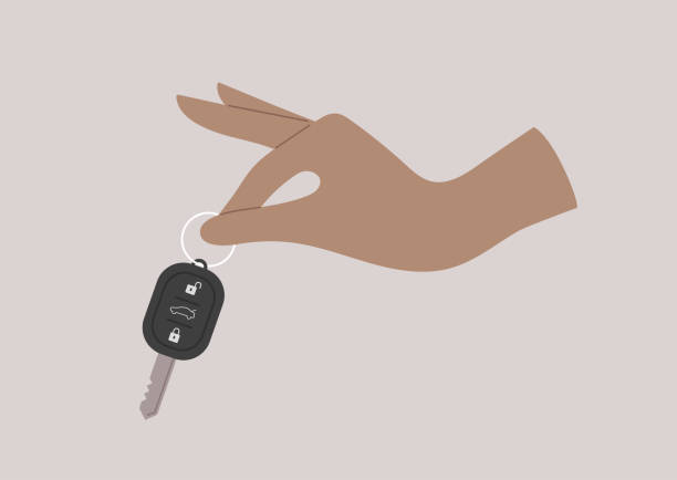 illustrazioni stock, clip art, cartoni animati e icone di tendenza di un servizio di noleggio, una mano che tiene in mano una chiave del veicolo con telecomando, un concetto di car sharing - command key