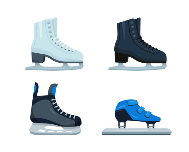 satz schlittschuhe. weiße und schwarze eiskunstlauf-, hockey- und shorttrack-eisschnelllauf-symbole - kurzstrecken eisschnelllauf stock-grafiken, -clipart, -cartoons und -symbole