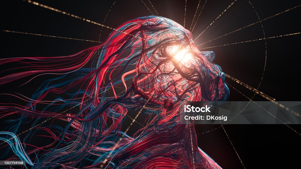 Abstract Human Face - The Power Of The Mind - Artificial Intelligence, Psychology, Technology 3d rendered image, perfectly usable for all kinds of topics related to the human mind or intelligent technology. Artificial Intelligence Stock Photo
