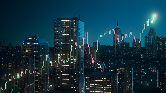 Financial graph in a digitally generated cityscape, perfectly usable for all kinds of topics related to finance, business and stock exchange.