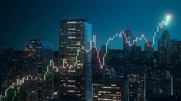 Stock Chart Between Skyscrapers - Financial Analysis, Trading, Investment Financial graph in a digitally generated cityscape, perfectly usable for all kinds of topics related to finance, business and stock exchange. nikkei index stock pictures, royalty-free photos & images
