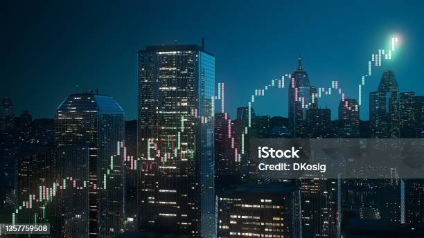 Stock Chart Between Skyscrapers Financial Analysis Trading Investment Stock Photo - Download Image Now