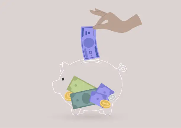 Vector illustration of A glass piggy bank with paper money and coins inside, transparent banking service, financial industry