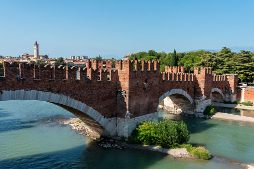 The iconic medieval Ponte Scaligero in Verona crossing the Adige river, Italy