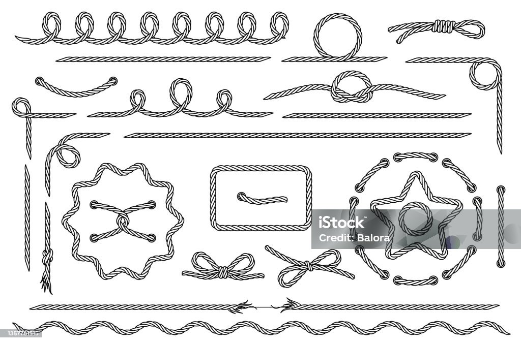 Rope. Set of various decorative rope elements. Isolated black outline. Vector - Royaltyfri Lasso vektorgrafik