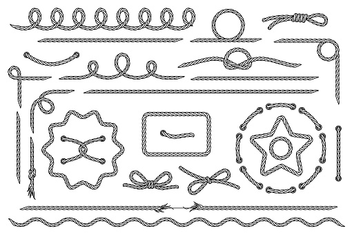 Rope. Set of various decorative rope elements. Rope frames, laces, knots and decorations. Nautical rope, shoe lacing, decorative binding. Isolated black outline. Vector illustration