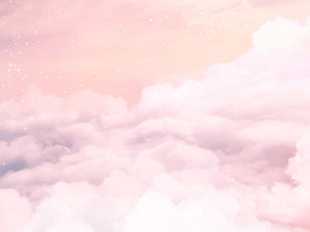 Sugar cotton pink clouds vector design background Sugar cotton pink clouds vector design background. Glamour fairytale backdrop. Plane sky view with stars and sunset. Watercolor style texture. Delicate card. Elegant decoration. Fantasy pastel color day dreaming stock illustrations