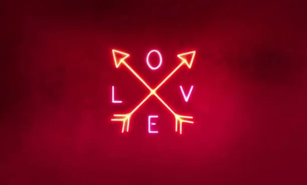 Neon luminous board of arrow and love text on red wall background. valentines day concept. 3D Illustration.