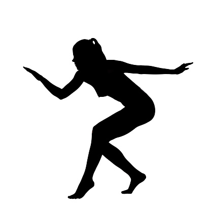 Female silhouette in a creeping or dance variation pose isolated on white.