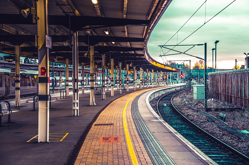 Multiple train sidings at the train station in Cadiz on a sunny day. Spain. Andalusia.