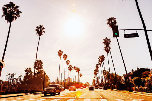 Sunset traffic in Los Angeles, California, USA