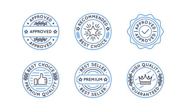 ilustrações de stock, clip art, desenhos animados e ícones de approved, recommended, best choice, best seller icons set. 6 labels, stickers with checkmark and thump up. sale icons for social media, web shop. vector illustration - seal a deal