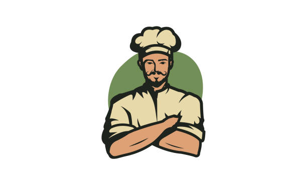 シェフのロゴ、バッジ、ラベル。白い背景に分離された腕折り畳み位置のプロのシェフ。レストランやその他の飲食店のロゴコンセプト。ベクトルの図 - chef men one person cooking点のイラスト素材／クリップアート素材／マンガ素材／アイコン素材