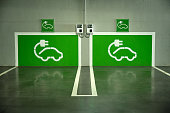 istock image of a parking lot with two electric car charging points painted green on the wall 1357779448