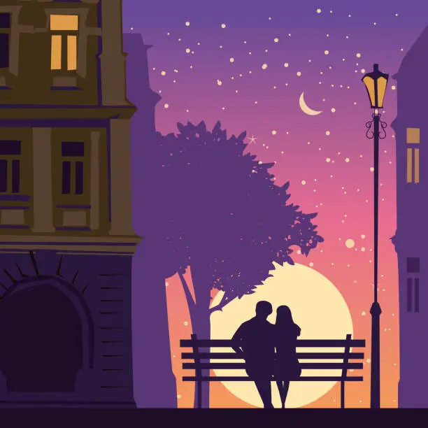 Vector illustration of Romantic Couple lovers on bench in the city, under tree, buildings, lantern. Sunset, night, stars. Vector Happy Valentines Day illustration, silhouette