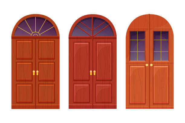 istock Set arch wooden door, front entrance with window, textured in cartoon style isolate on white background. Ui game asset, medieval decoration. Vector illustration 1357786108