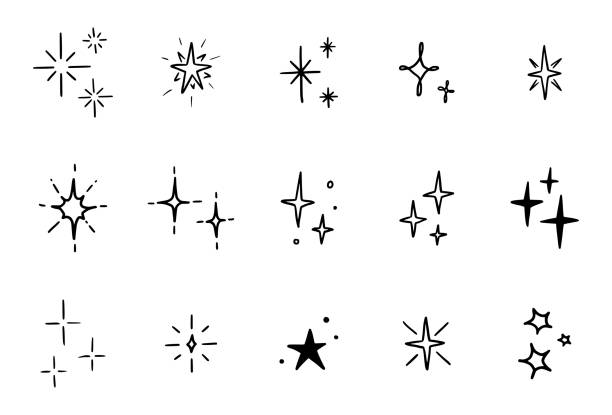 line star glitter shine of doodle set - gece illüstrasyonlar stock illustrations