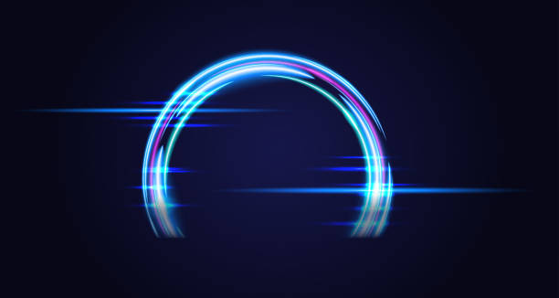 голубая магическая дуга. абстрактный магический световой эффект. светящиеся неоновые линии с летающими огнями и искровой тропой. - fuel and power generation circle energy neon light stock illustrations