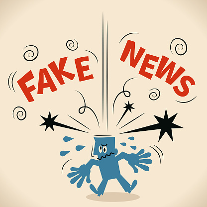 Blue Little Guy Characters Vector Art Illustration.
Fake news falling down and hitting blue man's head.
