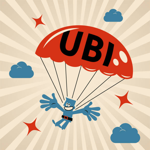 ilustrações de stock, clip art, desenhos animados e ícones de one smiling man opening his parachute that has universal basic income (ubi) words on it - parachuting open parachute opening