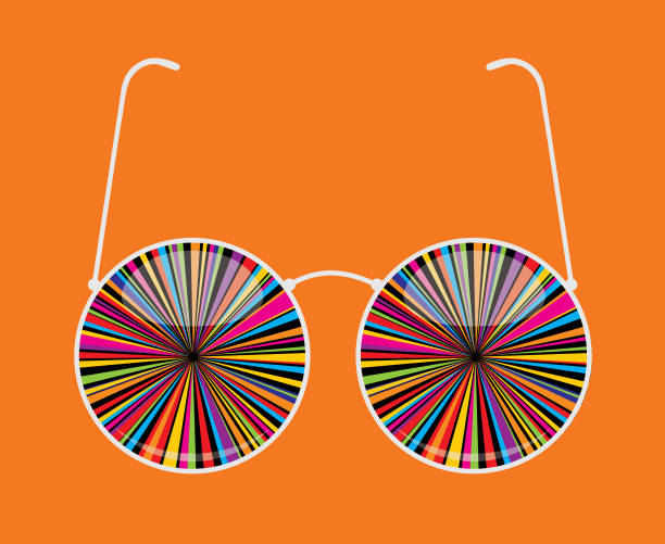 Psychedelic Twist Eyeglasses Vector illustration of a pair of wire frame eyeglasses with psychedelic lenses. multi coloured glasses stock illustrations