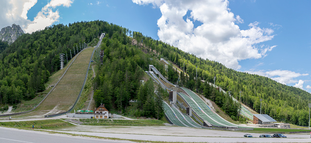 Planica, Slovenia - July 9, 2021 - Planica Ski jumping hills in the summer. The Planica Nordic Centre. Julian Alps. Slovenia. Europe.