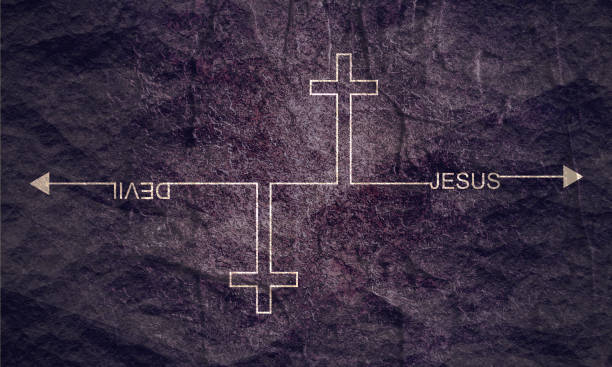 Gods and satanic thin line crosses with way arrows Jesus vs Devil. Confrontation of well and evil. Cross and text. spiritual warfare stock illustrations
