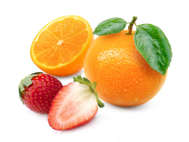 istock Orange fruit and Strawberry isolated on white background 1357800229