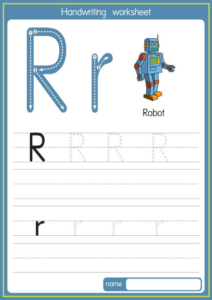 ilustrações, clipart, desenhos animados e ícones de ilustração vetorial de robô com letra de alfabeto r maiúscula ou letra maiúscula para crianças que aprendem prática abc - letter r alphabet alphabetical order backgrounds