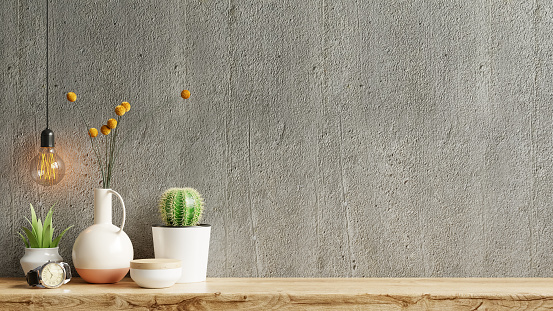 Mockup concrete wall with ornamental plants and decoration item on shelf wooden,3d rendering
