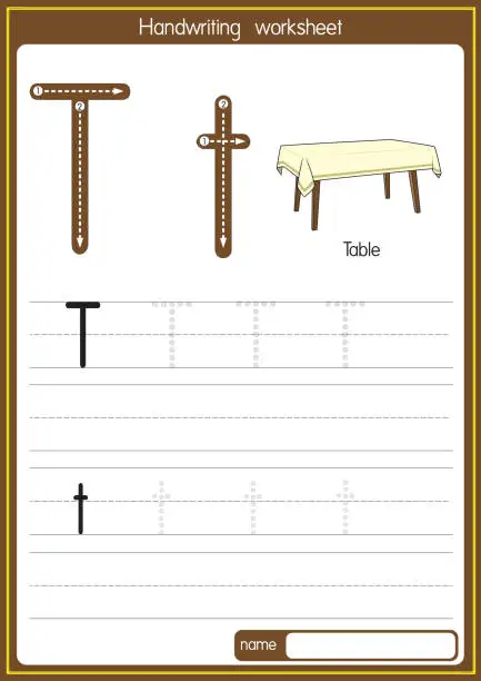 Vector illustration of Vector illustration of Table with alphabet letter T Upper case or capital letter for children learning practice ABC