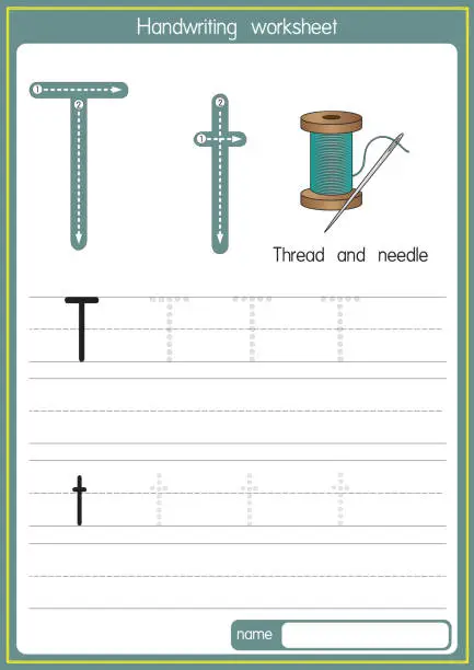 Vector illustration of Vector illustration of Thread and needle with alphabet letter T Upper case or capital letter for children learning practice ABC