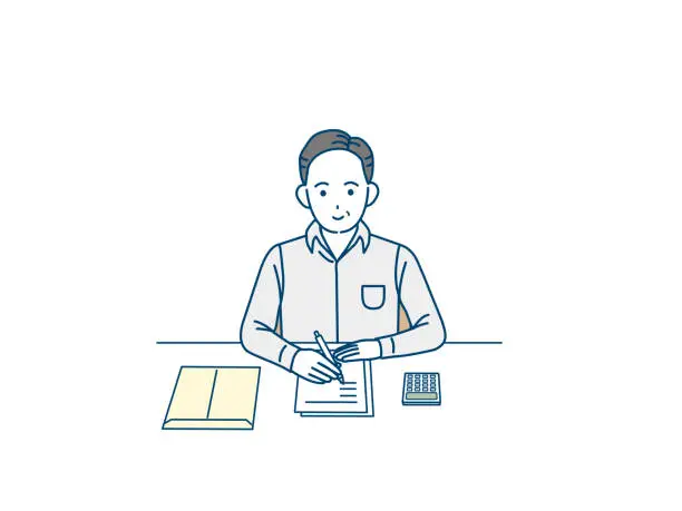 Vector illustration of Middle aged man filling out the paperwork illustration