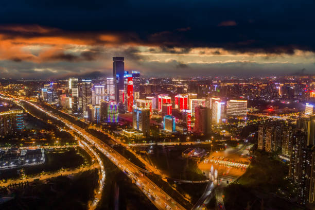 일몰, 시안, 중국, 일몰에 도시의 공중 보기. - overpass night xian contemporary 뉴스 사진 이미지