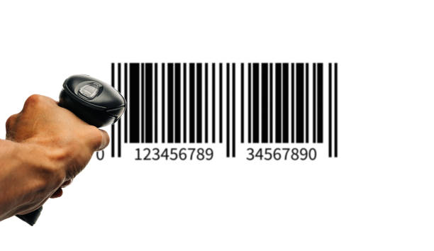 bar code. retail label barcode scan. reader laser scanner for warehouse holding hand. product code data concept. - bar code reader bar code reading laser imagens e fotografias de stock