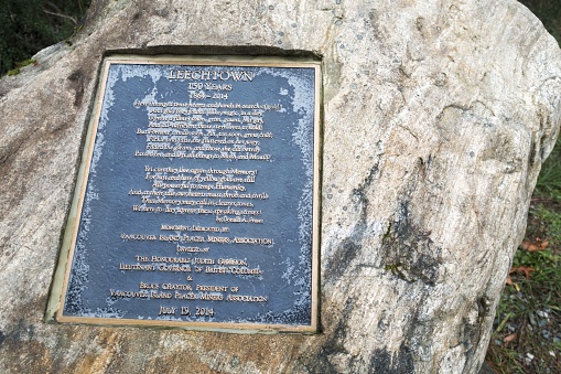 Sooke, British Columbia, Canada - November 10, 2021: Memorial Plaque Commemorating 150 years of Historic Leechtown Mining Town in Kapoor Regional Park on Vancouver Island