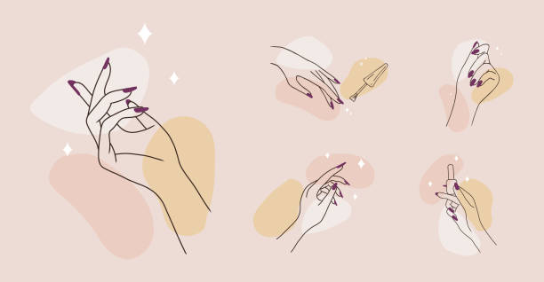 ilustrações, clipart, desenhos animados e ícones de cuidados com a pele das mãos. manicure, massagem e terapia de parafina. ilustração vetorial de mãos femininas elegantes em um estilo minimalista da moda. logotipo de beleza para estúdio de unhas ou salão de spa - unha