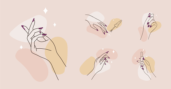 Hand skin care. Manicure, massage and paraffin therapy. Vector Illustration of elegant female hands in a trendy minimalist style. Beauty logo for nail studio or spa salon.