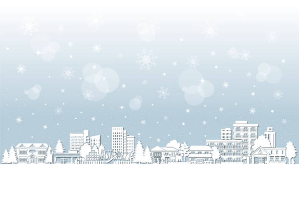 ilustracja śnieżnej sceny pejzażu miejskiego. - street snow urban scene residential district stock illustrations