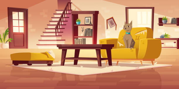 ilustrações de stock, clip art, desenhos animados e ícones de cat at damaged home with scratched furniture. - cair no sofá