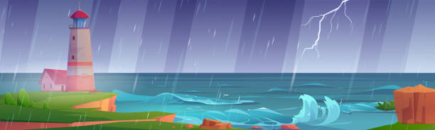 bildbanksillustrationer, clip art samt tecknat material och ikoner med lighthouse on rock cliff on sea shore in rain - harbour windy