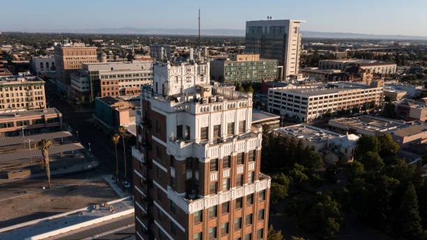 Stockton Sunset aerial view of downtown Stockton, California, USA. stockton california stock pictures, royalty-free photos & images