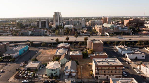 Stockton Sunset aerial view of downtown Stockton, California, USA. stockton california stock pictures, royalty-free photos & images