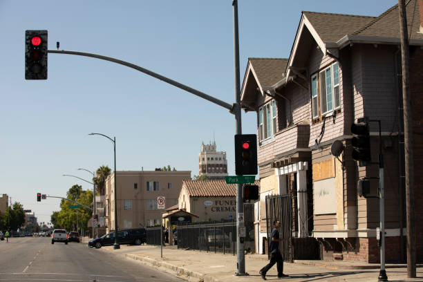 Stockton Stockton, California, USA - July 15, 2021: Sunlight shines on the historic city center. stockton california stock pictures, royalty-free photos & images