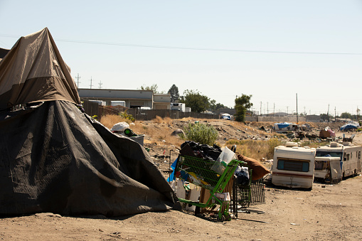 View of a homeless encampment in Stockton, California, USA.