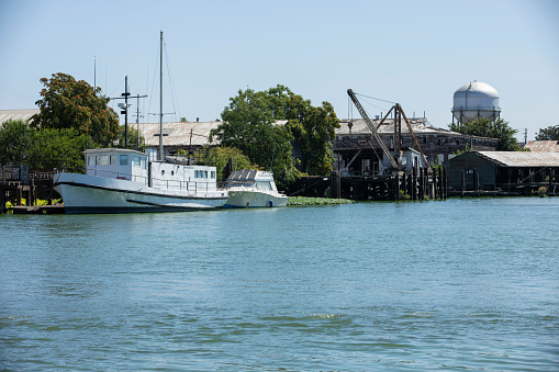 Daytime view of the public Marina on the San Joaquin River in Stockton, California, USA.