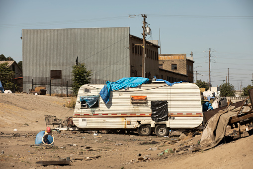 View of a homeless encampment in Stockton, California, USA.