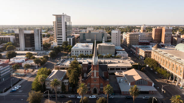 Stockton Sunset aerial view of downtown Stockton, California, USA. stockton california stock pictures, royalty-free photos & images