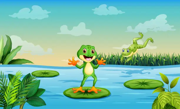 Vector illustration of Illustration of a playful frogs at the pond