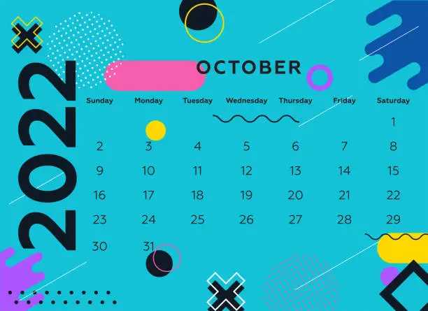 Vector illustration of 2022 October calendar. Colorful background and geometric shapes.